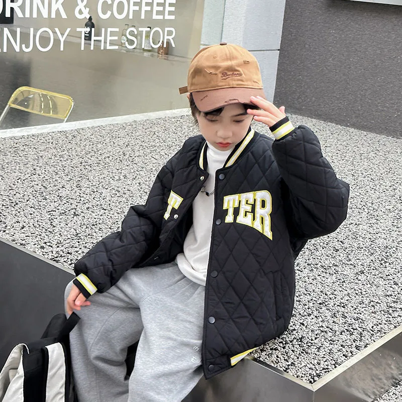 100-150 韓国 秋 冬 子供服 キッズ ジュニア 男女兼用 男の子 女の子 アルファベット アップリケ シングルブレスト スタジャン ジャケット アウター