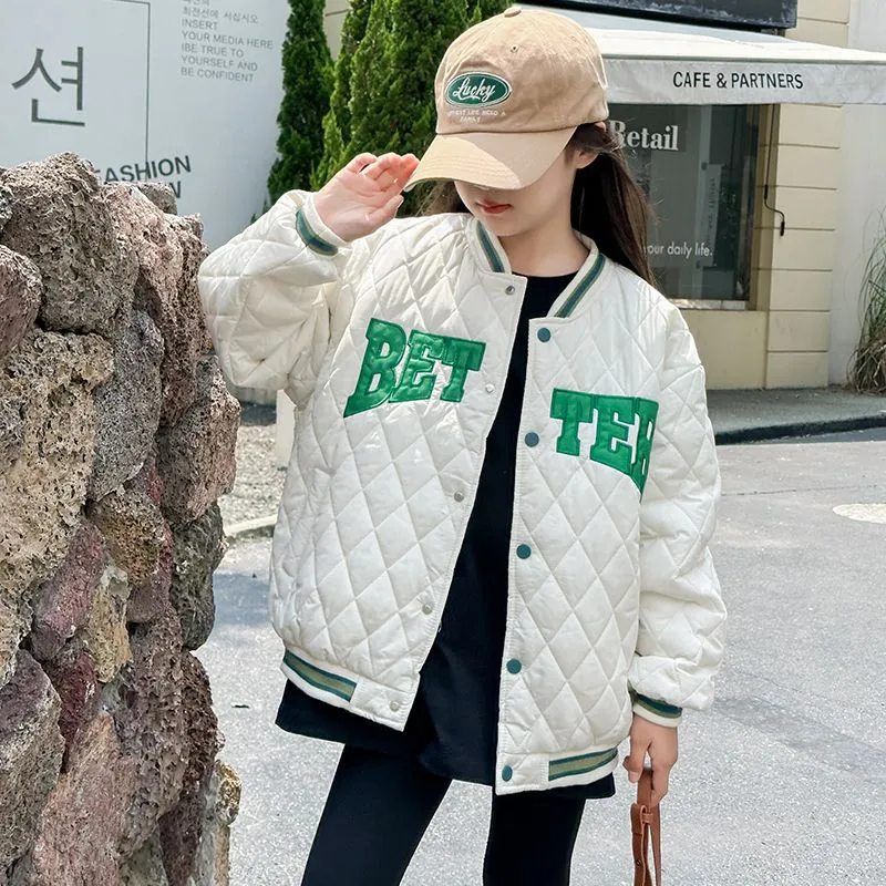 100-150 韓国 秋 冬 子供服 キッズ ジュニア 男女兼用 男の子 女の子 アルファベット アップリケ シングルブレスト スタジャン ジャケット アウター
