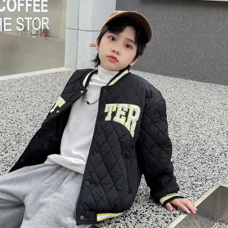 100-150 韓国 秋 冬 子供服 キッズ ジュニア 男女兼用 男の子 女の子 アルファベット アップリケ シングルブレスト スタジャン ジャケット アウター