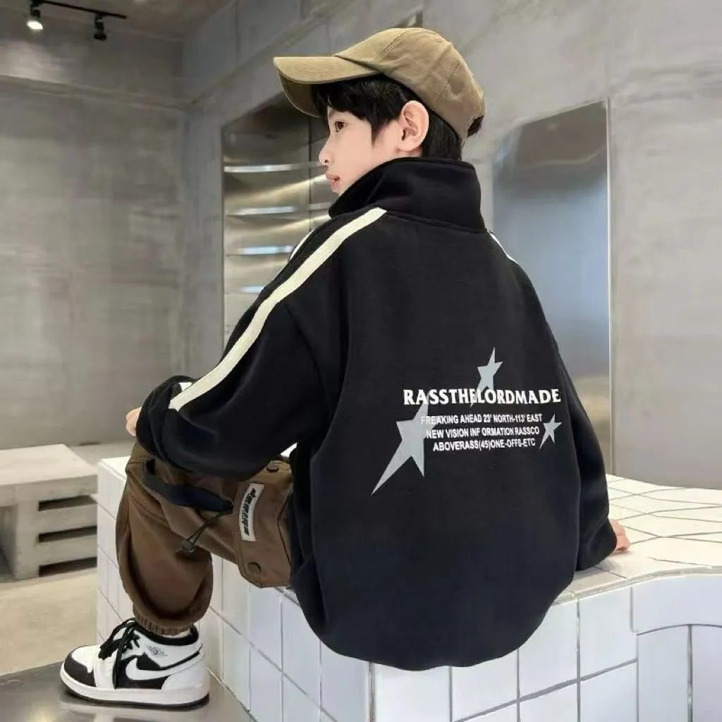 120-170 個性的なデザイン 秋冬 男の子 子供服 キッズ ジュニア 無地 刺繍 スタンドネック ハーフ ジップ トップス トレーナー スウェット