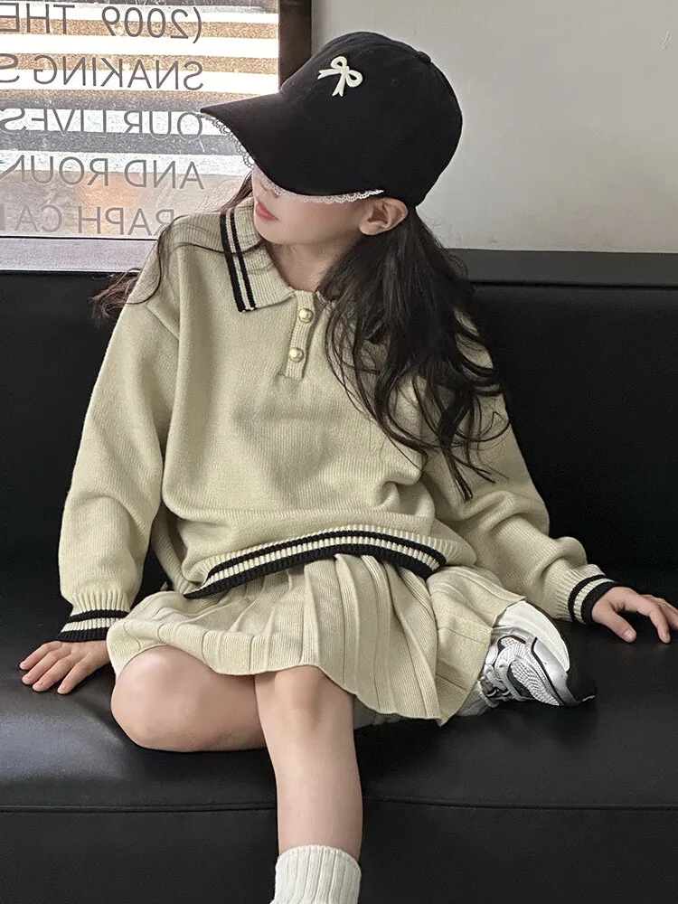 【120-170cm】二点セット シンプル おしゃれ poloネック ニット トップス+スカート セットアップ