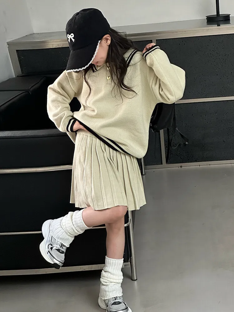 【120-170cm】二点セット シンプル おしゃれ poloネック ニット トップス+スカート セットアップ