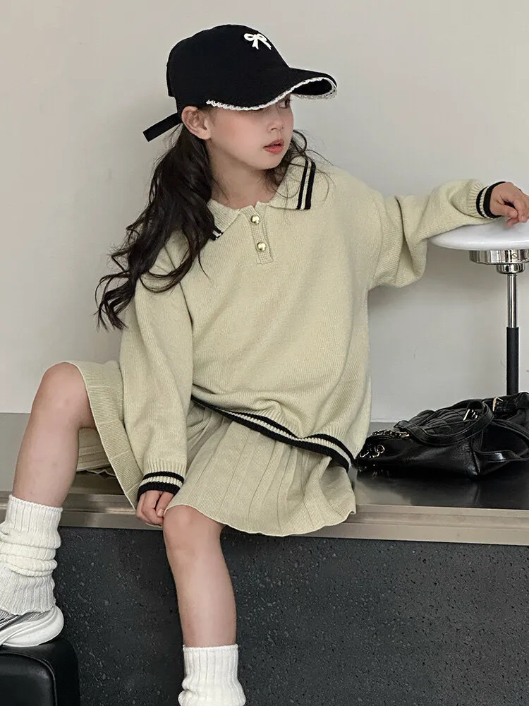 【120-170cm】二点セット シンプル おしゃれ poloネック ニット トップス+スカート セットアップ