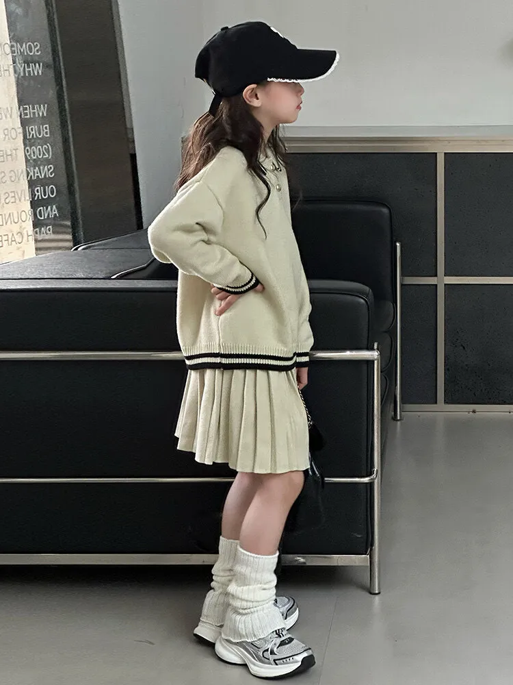 【120-170cm】二点セット シンプル おしゃれ poloネック ニット トップス+スカート セットアップ