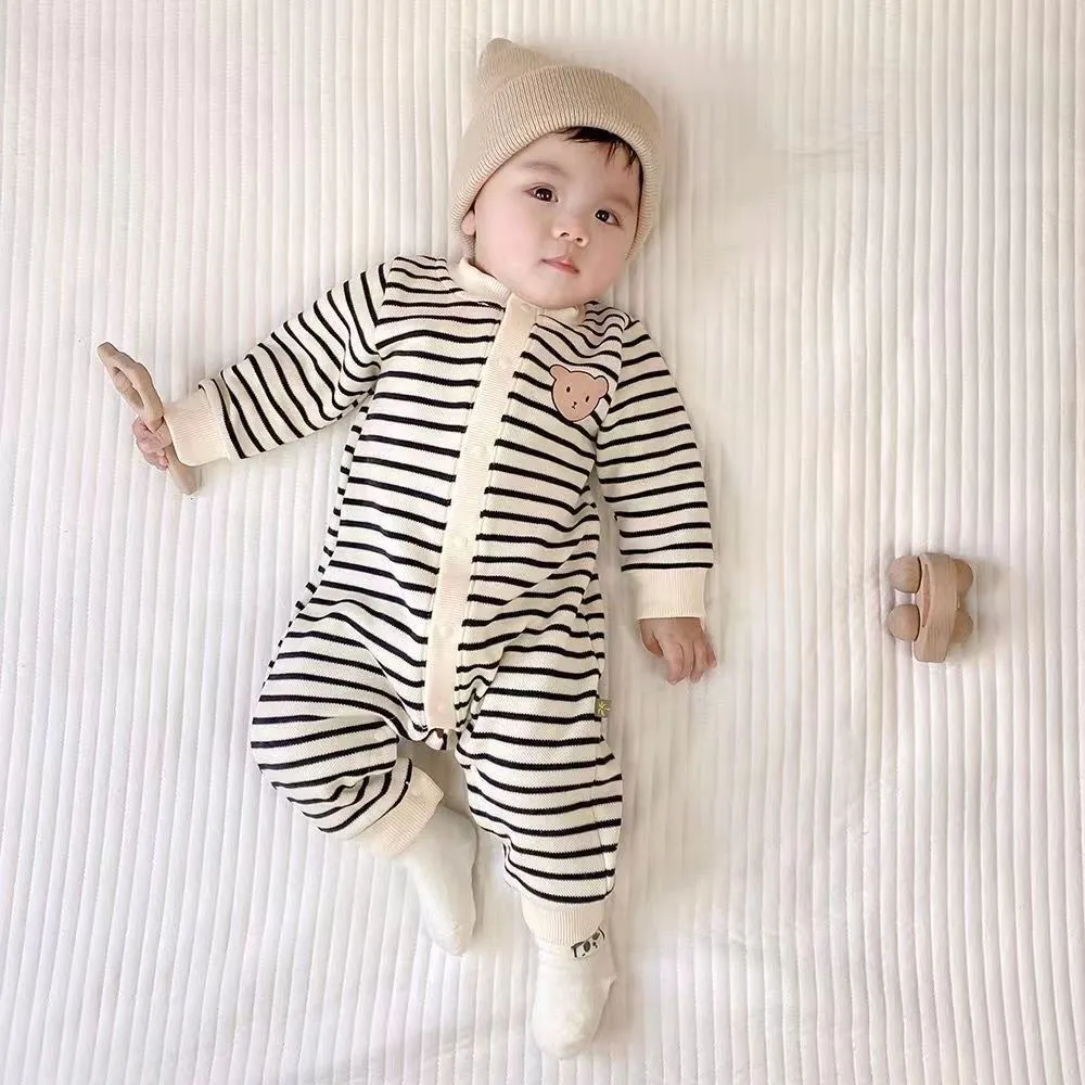 【66-90cm】よく売れる キュート 着心地良い カートゥーン ボーダー柄 ベビー 長袖 ロンパース