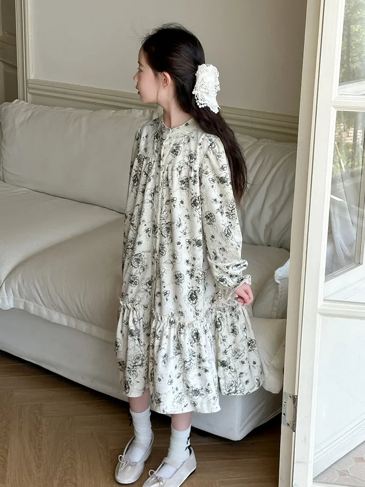 【120-170cm】好感度アップ レトロ 花柄 おしゃれ スウィート 女の子 長袖 ワンピース