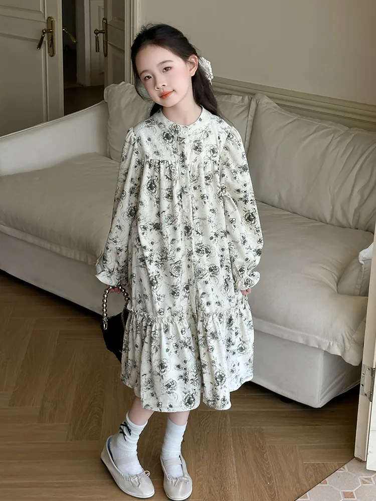 【120-170cm】好感度アップ レトロ 花柄 おしゃれ スウィート 女の子 長袖 ワンピース