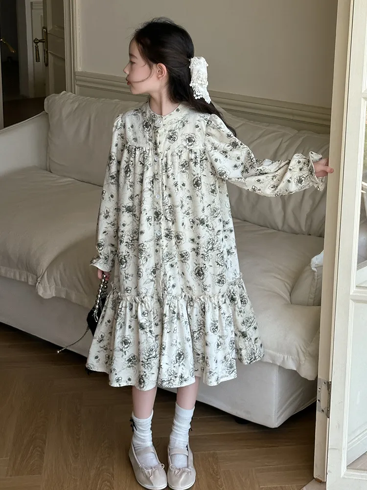 【120-170cm】好感度アップ レトロ 花柄 おしゃれ スウィート 女の子 長袖 ワンピース