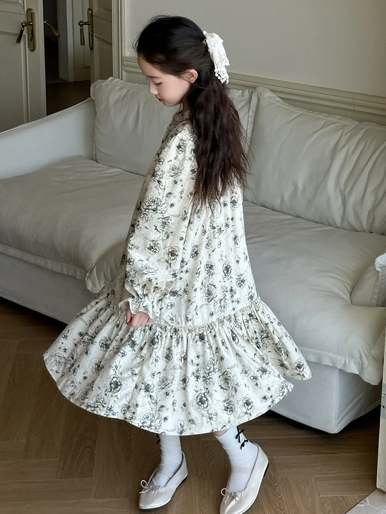 【120-170cm】好感度アップ レトロ 花柄 おしゃれ スウィート 女の子 長袖 ワンピース