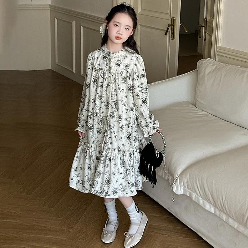 【120-170cm】好感度アップ レトロ 花柄 おしゃれ スウィート 女の子 長袖 ワンピース