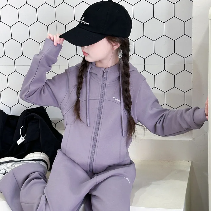 【120-170cm】二点セット 着心地良い フード付き ジップパーカー+カジュアルパンツ セットアップ