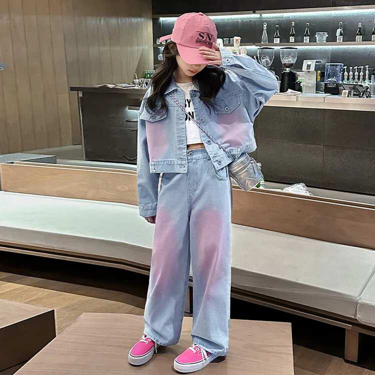 【120-170cm】二点セット 大人気 ユニック カジュアル 女の子 デニム アウター＋パンツ セットアップ