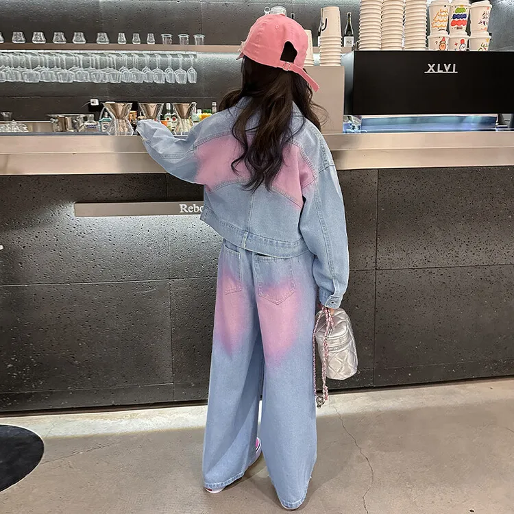 【120-170cm】二点セット 大人気 ユニック カジュアル 女の子 デニム アウター＋パンツ セットアップ