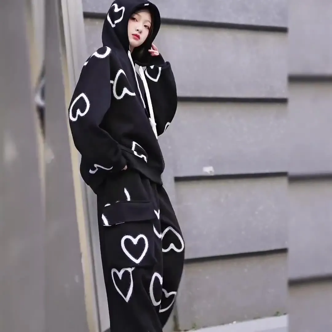 【120-170cm】二点セット カジュアル ストリート ハート柄 女の子 パーカー＋パンツ セットアップ