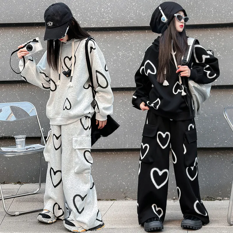 【120-170cm】二点セット カジュアル ストリート ハート柄 女の子 パーカー＋パンツ セットアップ