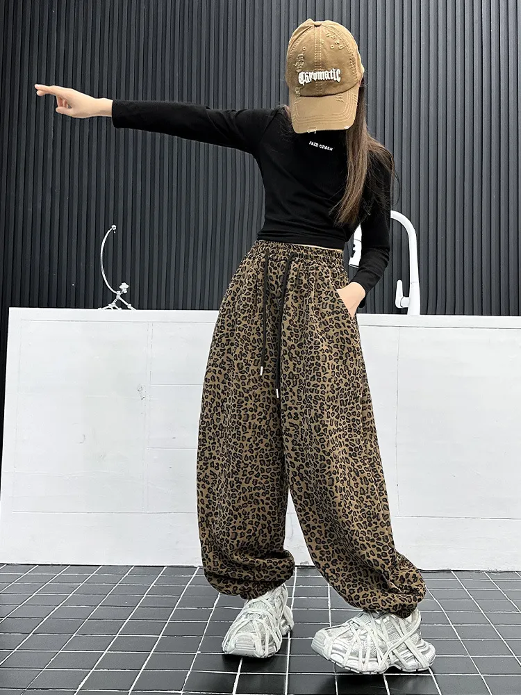 【120-170cm】話題沸騰中 大注目 カジュアル 快適 ヒョウ柄 女の子 裏起毛 パンツ