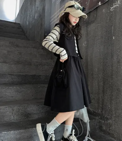 【120-170cm】二点セット きれいめ カジュアル キャンパス 女の子 ベスト＋ワンピース セットアップ