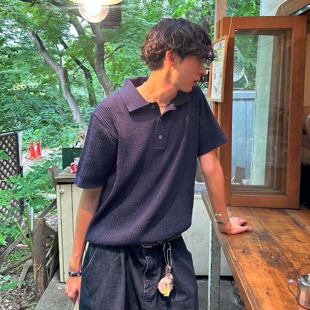 スリーボータン半袖カラーニット