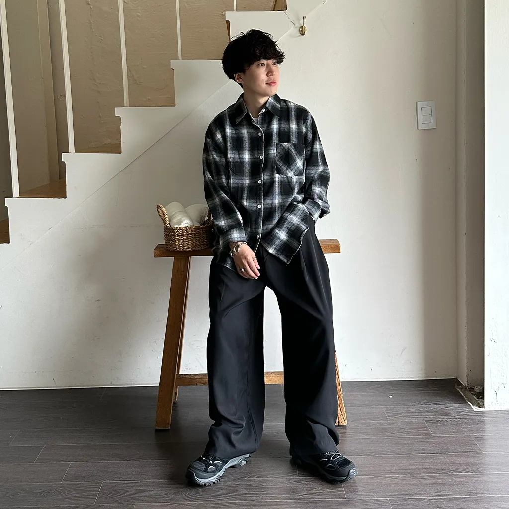 (ユニセックス) ブラックトーンチェックシャツ