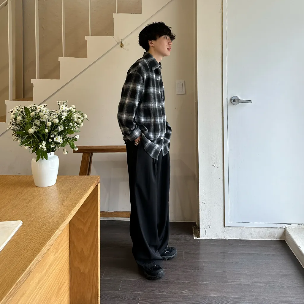 (ユニセックス) ブラックトーンチェックシャツ