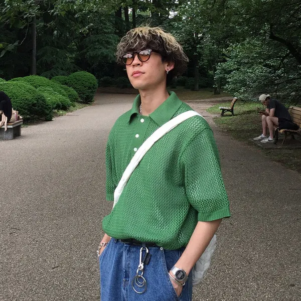 シンプル透かし編みカラーニット