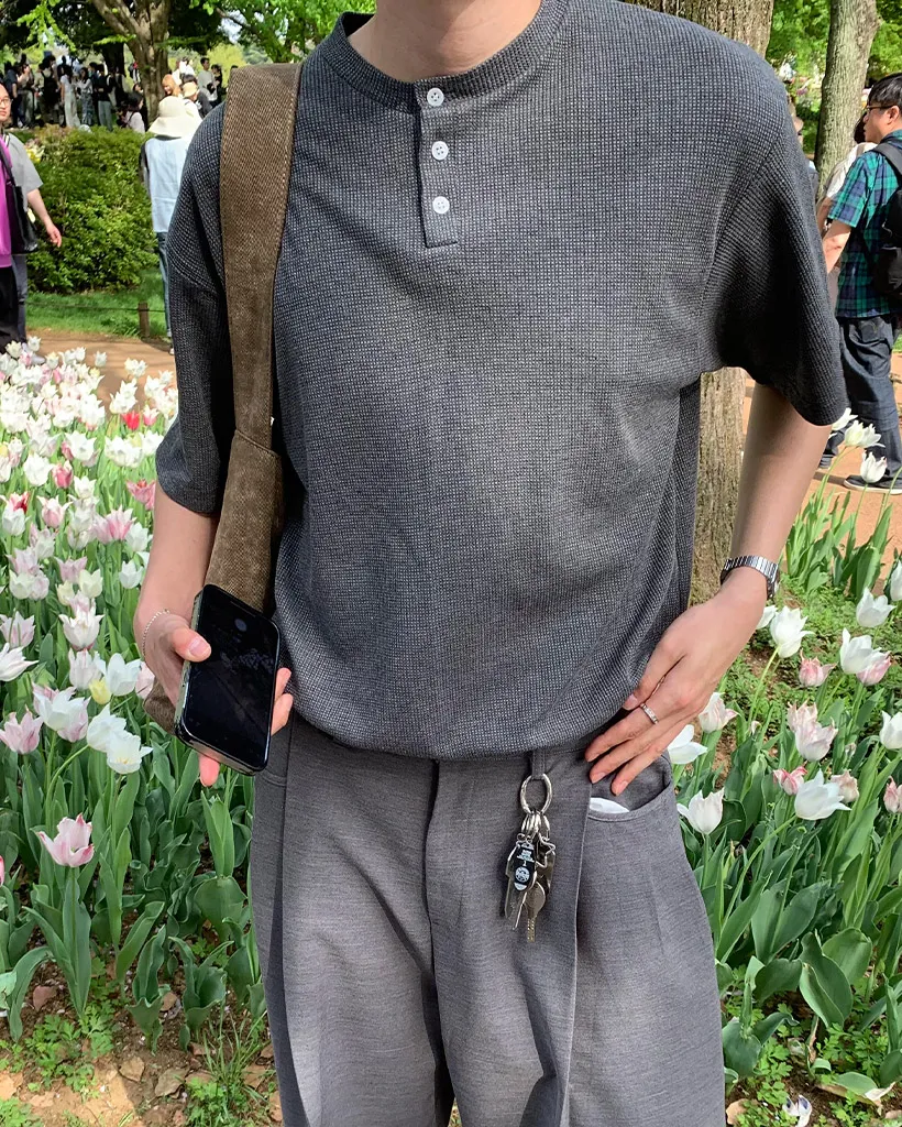 ワッフルヘンリーネックTシャツ