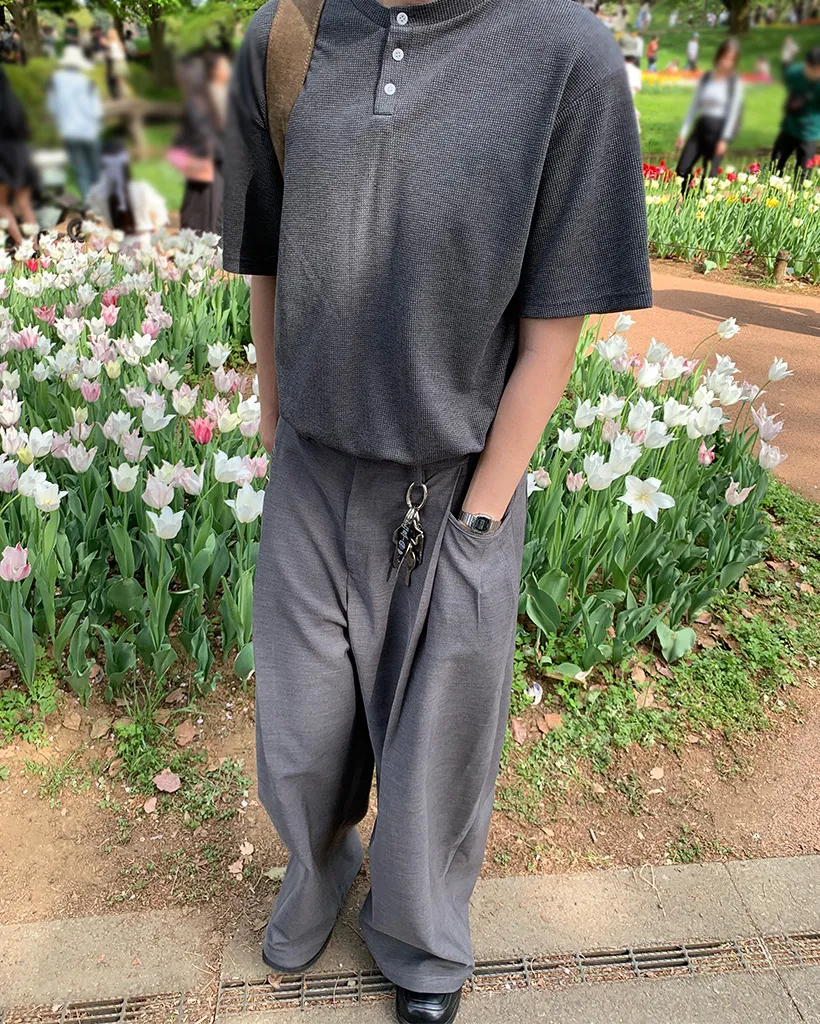 ワッフルヘンリーネックTシャツ