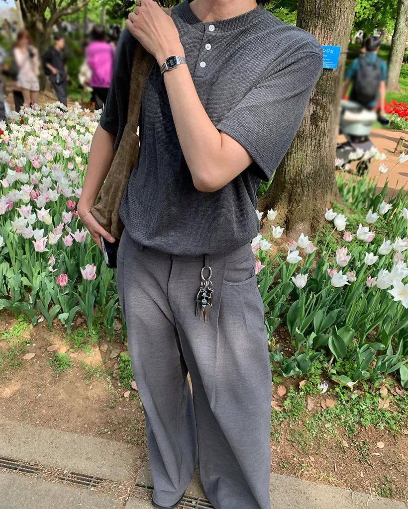 ワッフルヘンリーネックTシャツ