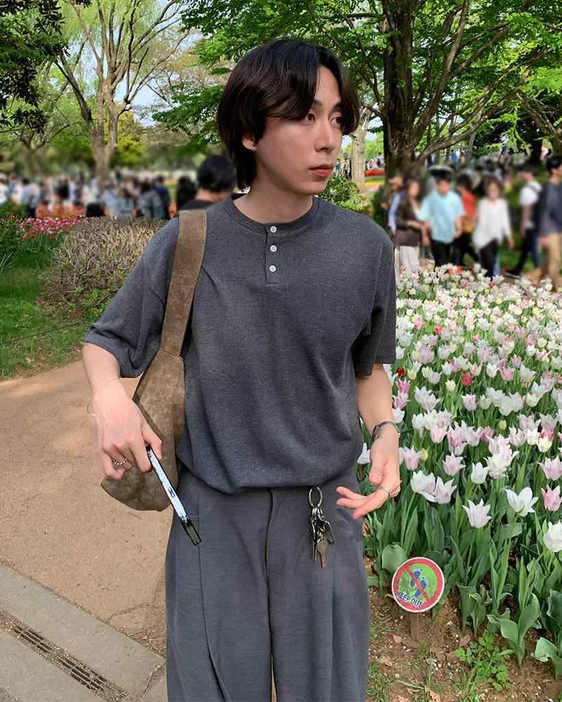 ワッフルヘンリーネックTシャツ