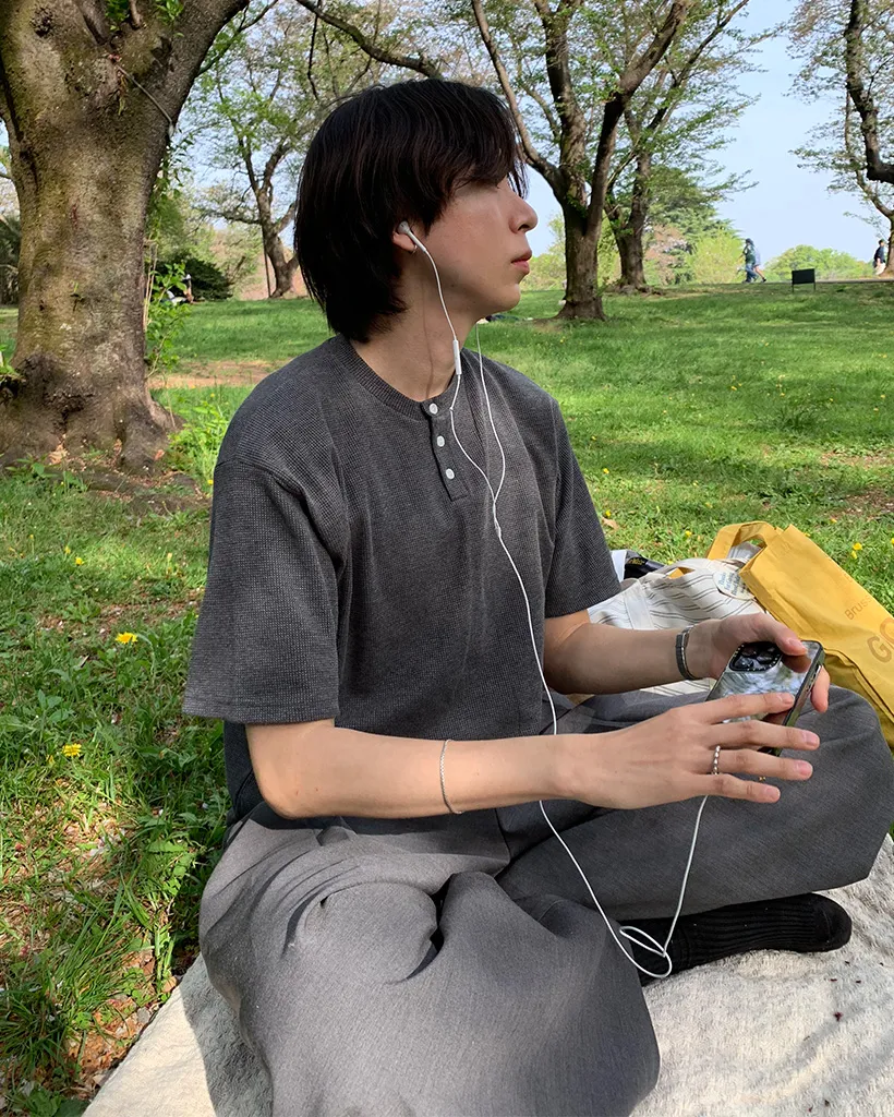 ワッフルヘンリーネックTシャツ