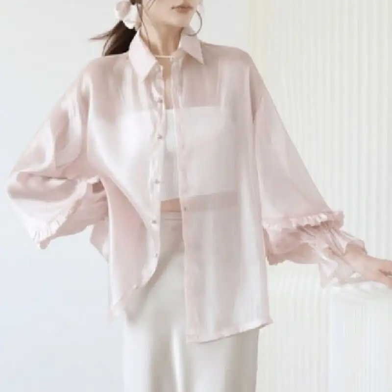 トップス 薄いシャツ 日差し防止 2色展開 薄手 ランタンスリーブ 日焼け止め服 長袖 ピンク ホワイト