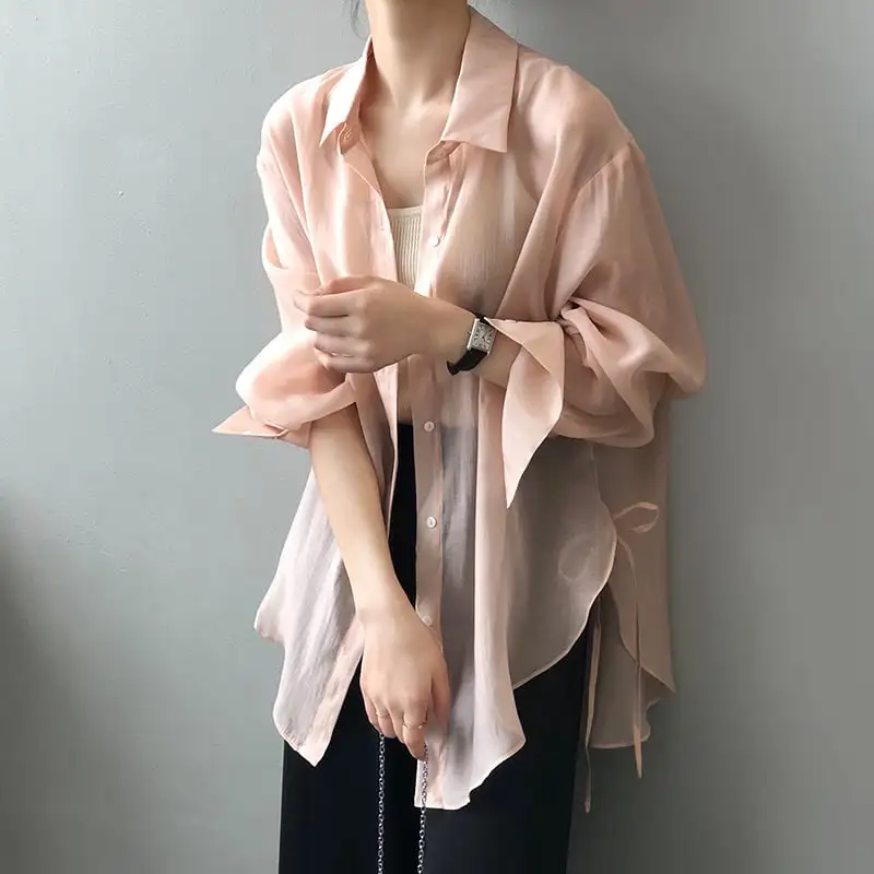 トップス 薄いシャツ 5色展開 日差し防止 薄手 無地 ピンク ホワイト グリーン ブルー イエロー
