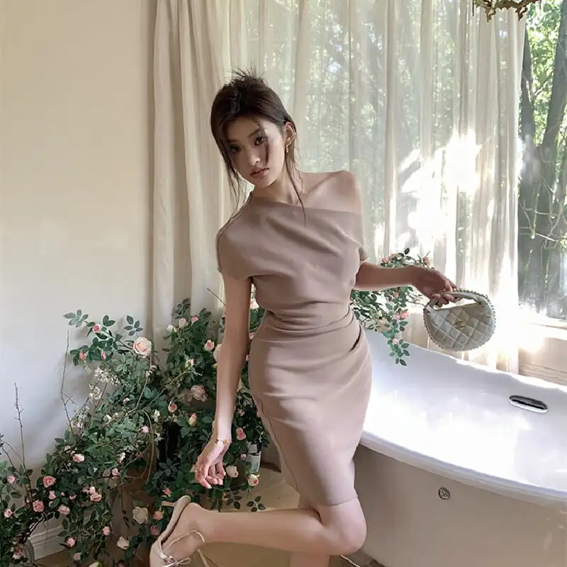 ワンピース 2色展開 オフショルダー 膝上 おしゃれ ブルー ライトコーヒー色 S M L