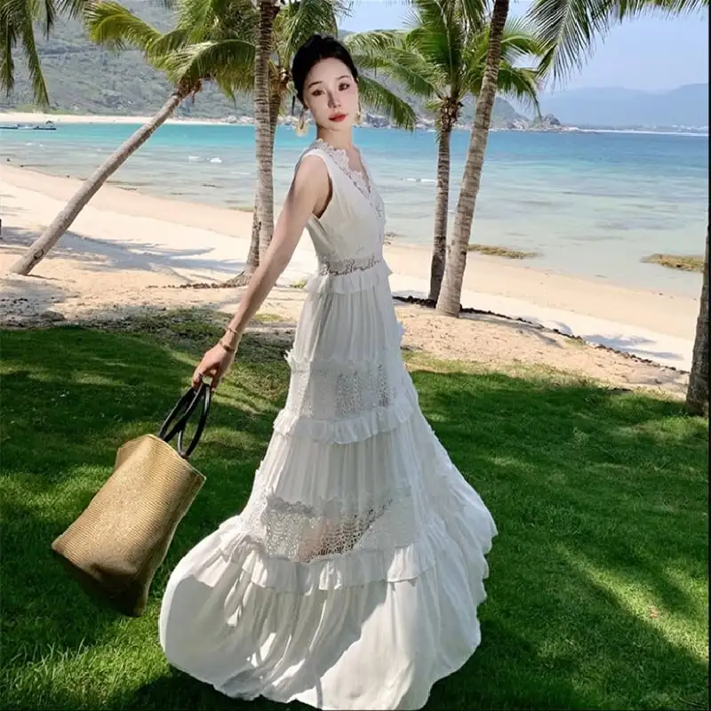 ロングワンピース 海 レース 撮影着 透かし彫り ホワイト