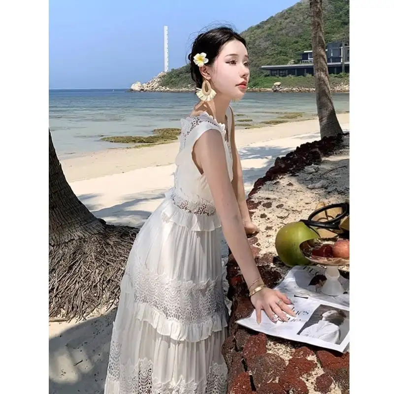 ロングワンピース 海 レース 撮影着 透かし彫り ホワイト