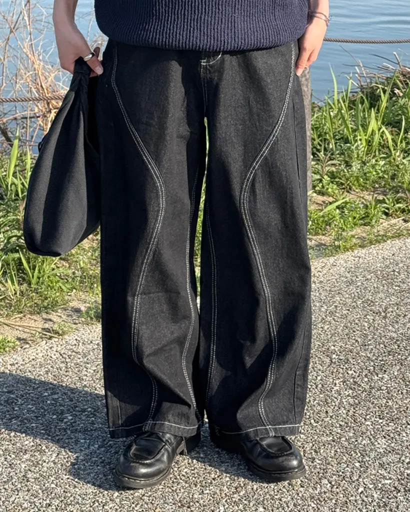 （ユニセックス）ステッチラインデニムパンツ
