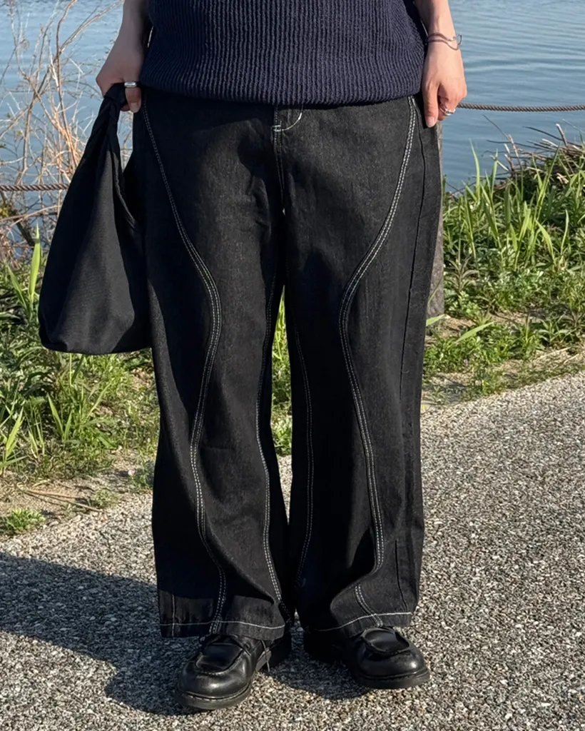 （ユニセックス）ステッチラインデニムパンツ