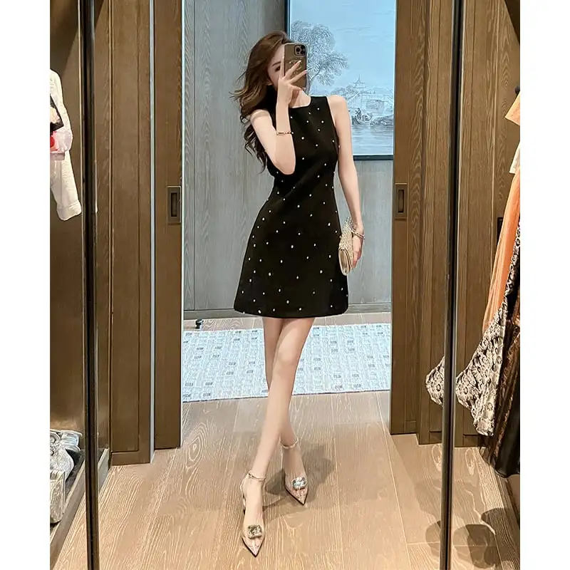 ワンピース セクシー 背見せ ラインストーン ノースリーブ ブラック