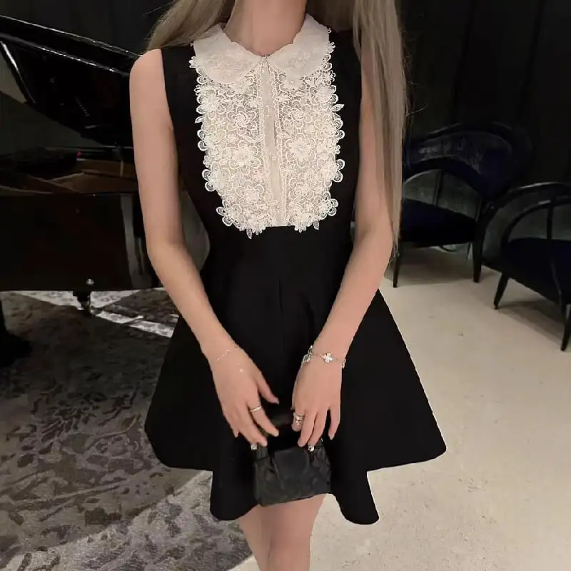 ワンピース POLOネック ノースリーブ レース Aライン ブラック