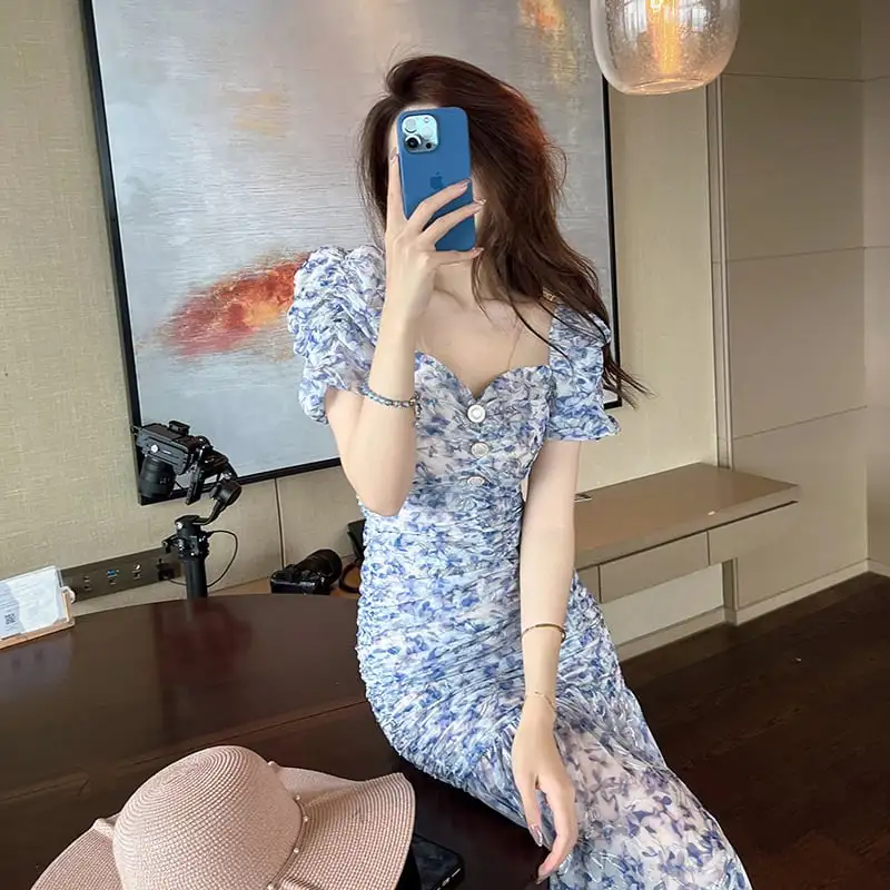 ワンピース お姉様 セクシー 花柄 レトロ フィッシュテール ブルー