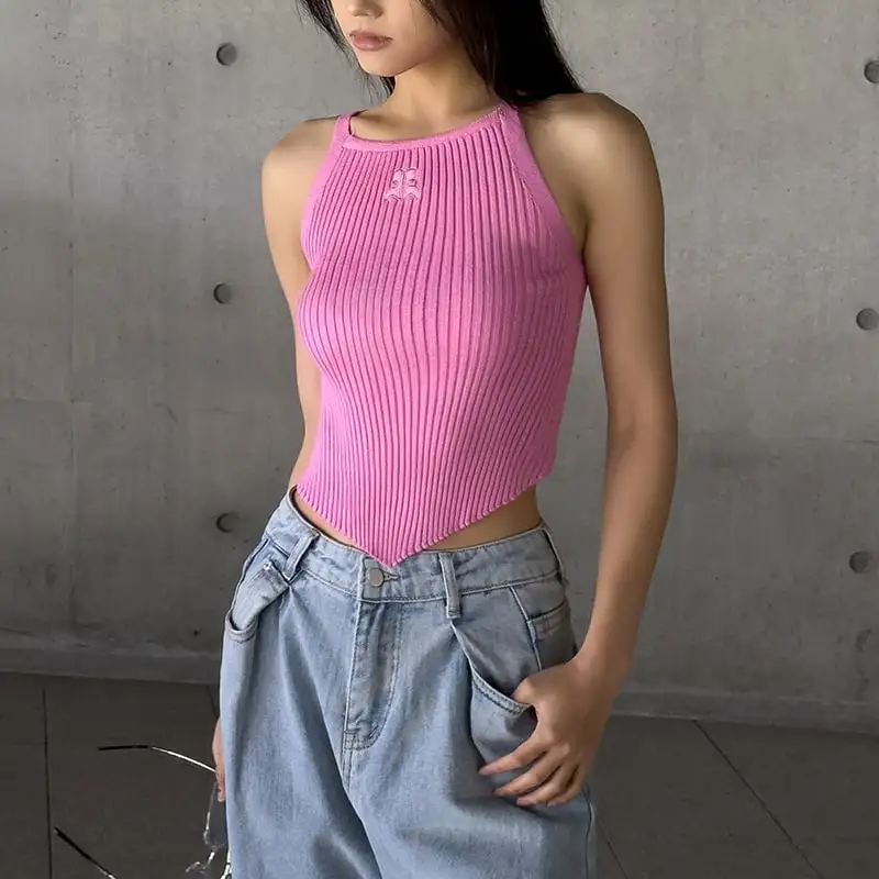 6colors トップス  Tシャツ セクシー ニット ノースリーブ アームホール シュート丈