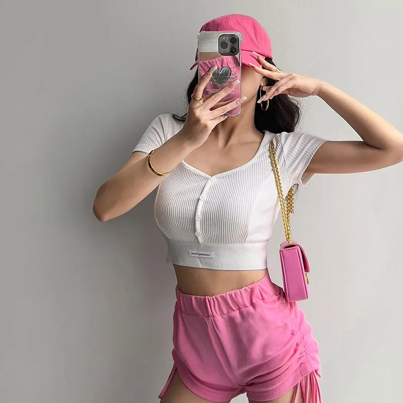 トップス  Tシャツ スポーツウェア セクシー 切り替え スクエアネック シュート丈 ホワイト ブラック ピンク グレー ダークグレー