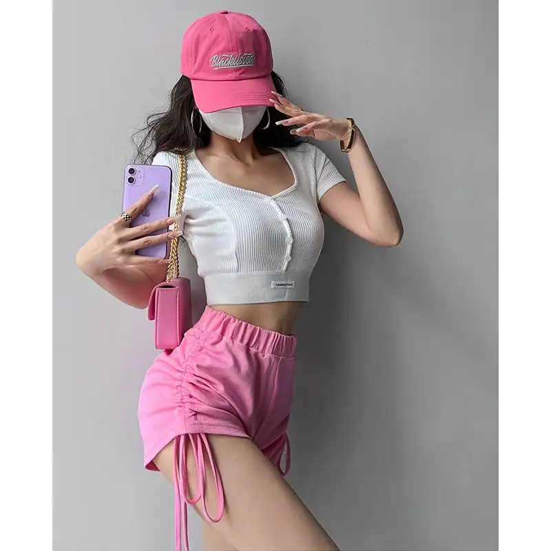 トップス  Tシャツ スポーツウェア セクシー 切り替え スクエアネック シュート丈 ホワイト ブラック ピンク グレー ダークグレー