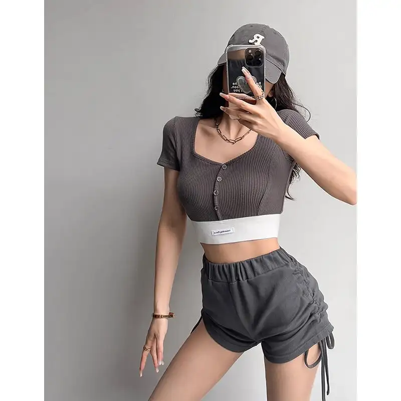 トップス  Tシャツ スポーツウェア セクシー 切り替え スクエアネック シュート丈 ホワイト ブラック ピンク グレー ダークグレー