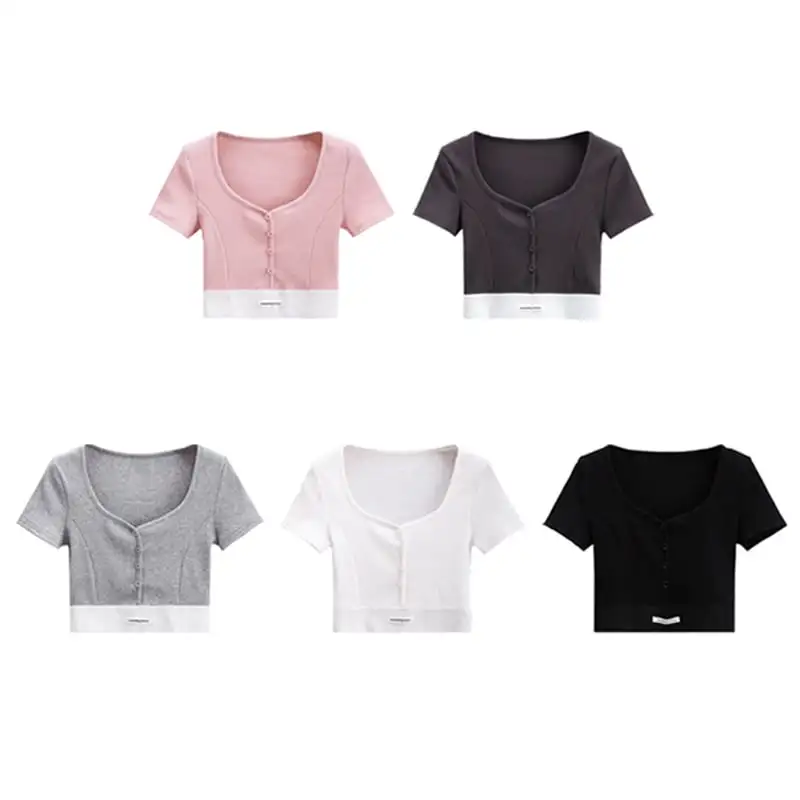 トップス  Tシャツ スポーツウェア セクシー 切り替え スクエアネック シュート丈 ホワイト ブラック ピンク グレー ダークグレー