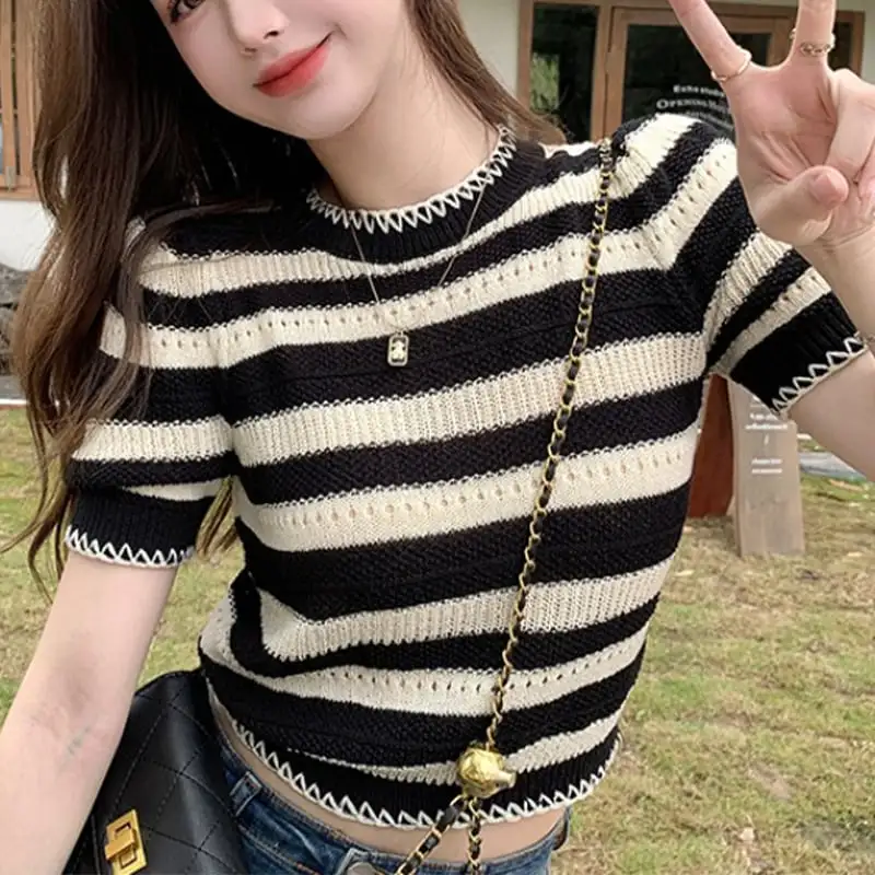 トップス  Tシャツ セクシー ボーダー ニット 半袖 シュート丈 ブラック