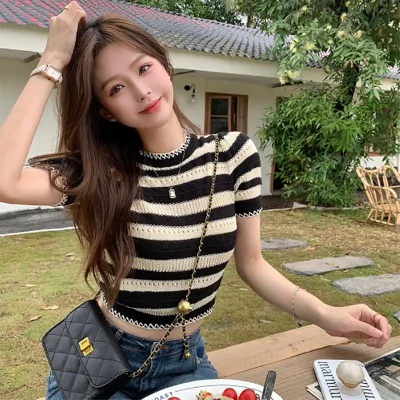 トップス  Tシャツ セクシー ボーダー ニット 半袖 シュート丈 ブラック