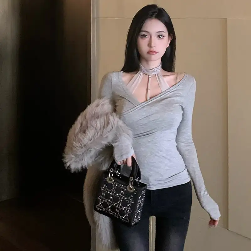 トップス  Tシャツ セットアップ セクシー レース 谷間を出す 切り替え 長袖 キャミソール +Tシャツ グレー ピンク