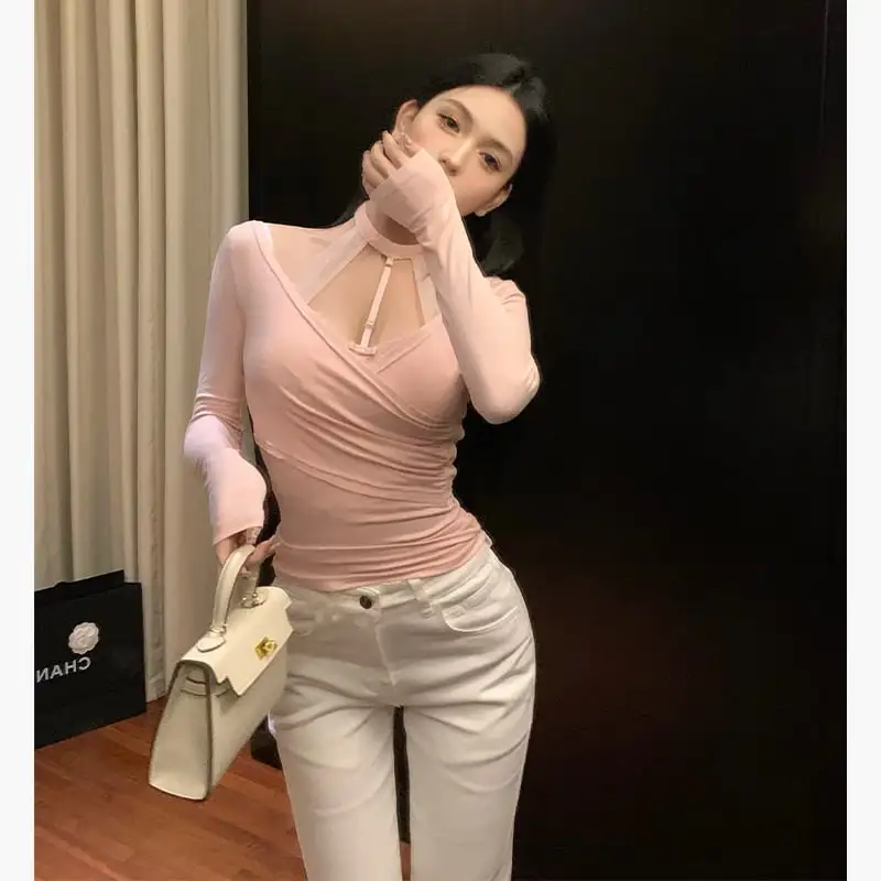 トップス  Tシャツ セットアップ セクシー レース 谷間を出す 切り替え 長袖 キャミソール +Tシャツ グレー ピンク