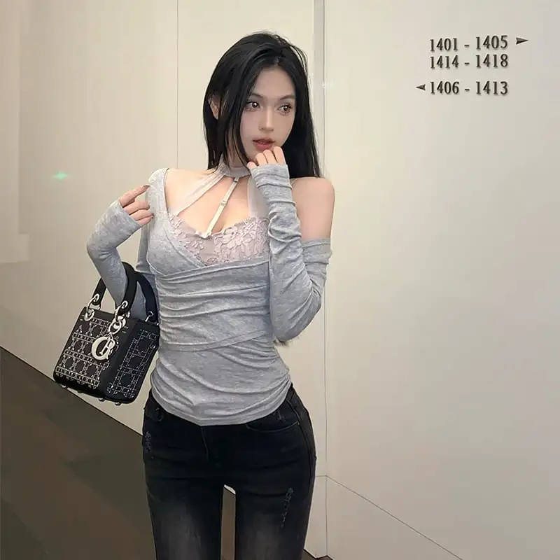トップス  Tシャツ セットアップ セクシー レース 谷間を出す 切り替え 長袖 キャミソール +Tシャツ グレー ピンク